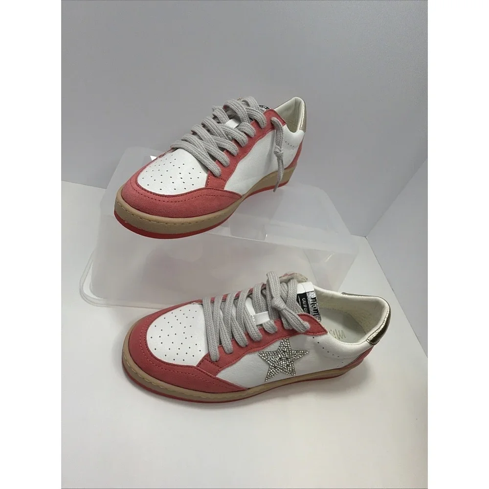 Mimi Women's Avery Leather Sneaker White/Salmon Pink with Sparkly Star Size 9